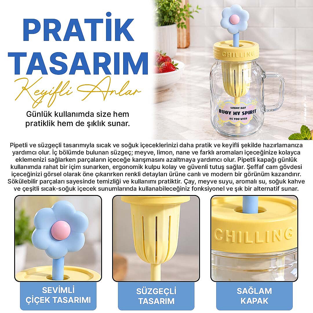 Pipetli Cam Kupa – Süzgeçli Borosilikat Detoks Bardağı Çiçekli Tasarım Kapaklı Meyveli İçecek Suluğu - 2
