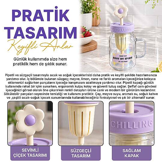 Pipetli Cam Kupa – Süzgeçli Borosilikat Detoks Bardağı Çiçekli Tasarım Kapaklı Meyveli İçecek Suluğu - 2