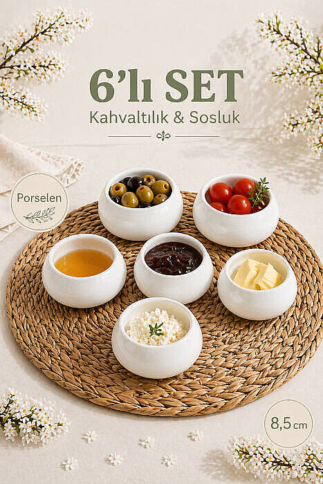 Porselen 6’lı Kahvaltılık Kase Seti 8,5 cm Sosluk Çerezlik Sunumluk - 2