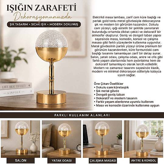 Projeksiyon Özellikli Küre Abajur – LED Işıklı, Altın Renkli Modern Masa Lambası (Elektrikli) - 2