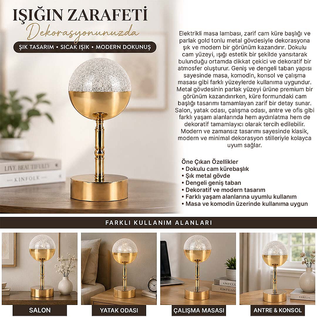 Projeksiyon Özellikli Küre Abajur – LED Işıklı, Altın Renkli Modern Masa Lambası (Elektrikli) - 2