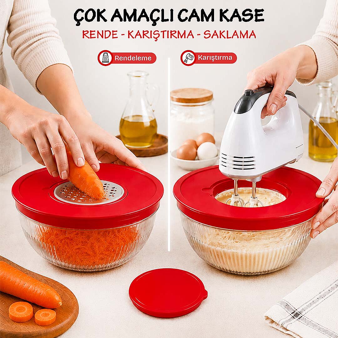 Rendeli Mikser Kabı - Çok Amaçlı Kapaklı Cam Kase - Mutfak Hazırlık Seti Saklama Salata Kasesi 4,5L - 2