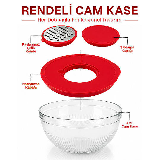 Rendeli Mikser Kabı - Çok Amaçlı Kapaklı Cam Kase - Mutfak Hazırlık Seti Saklama Salata Kasesi 4,5L - 3