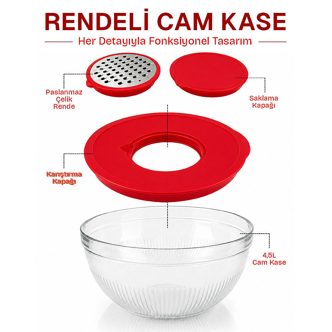 Rendeli Mikser Kabı - Çok Amaçlı Kapaklı Cam Kase - Mutfak Hazırlık Seti Saklama Salata Kasesi 4,5L - 3