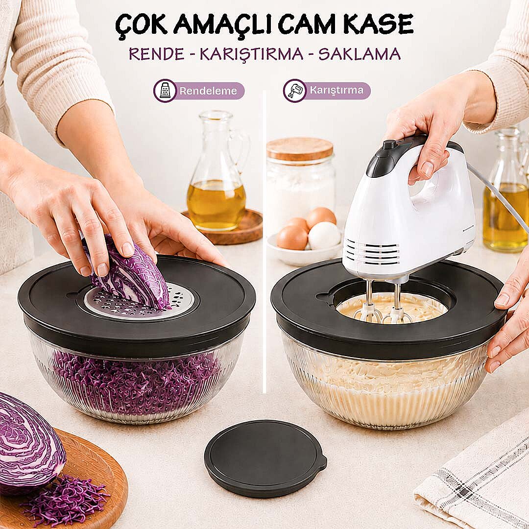 Rendeli Mikser Kabı - Çok Amaçlı Kapaklı Cam Kase - Mutfak Hazırlık Seti Saklama Salata Kasesi 4,5L - 2