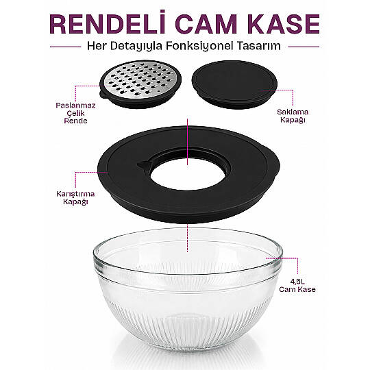 Rendeli Mikser Kabı - Çok Amaçlı Kapaklı Cam Kase - Mutfak Hazırlık Seti Saklama Salata Kasesi 4,5L - 3