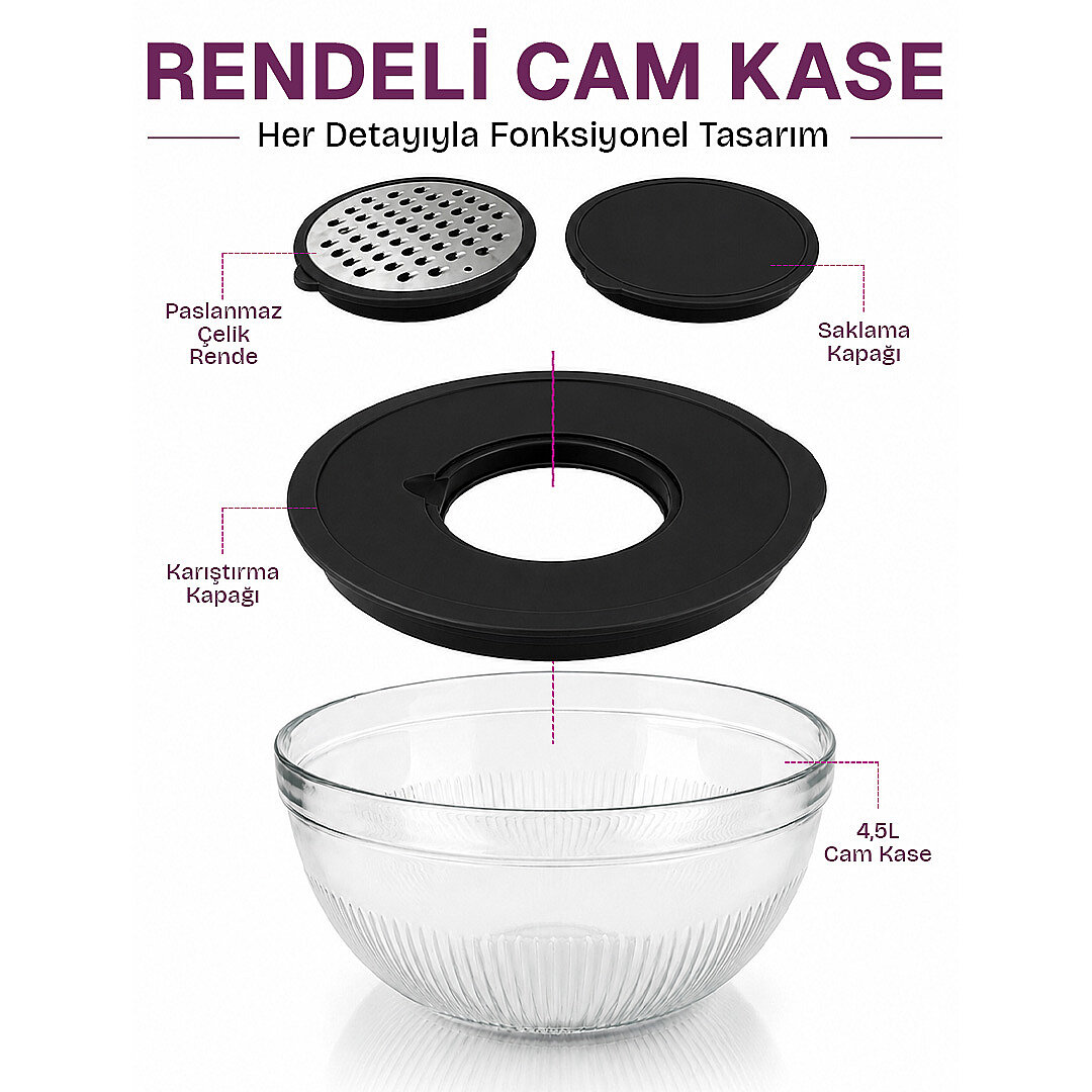 Rendeli Mikser Kabı - Çok Amaçlı Kapaklı Cam Kase - Mutfak Hazırlık Seti Saklama Salata Kasesi 4,5L - 3