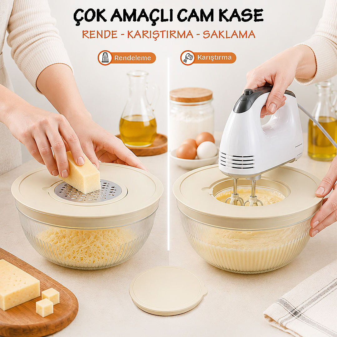 Rendeli Mikser Kabı - Çok Amaçlı Kapaklı Cam Kase - Mutfak Hazırlık Seti Saklama Salata Kasesi 4,5L - 2