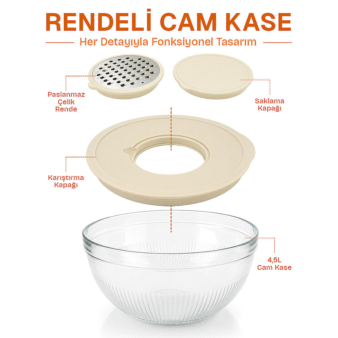 Rendeli Mikser Kabı - Çok Amaçlı Kapaklı Cam Kase - Mutfak Hazırlık Seti Saklama Salata Kasesi 4,5L - 3