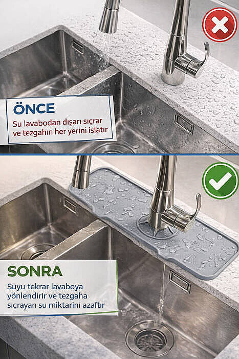 Silikon Batarya & Musluk Matı Tezgah Koruyucu Su Tutmaz Kaymaz Taban Banyo Mutfak Düzenleyici Altlık - 3