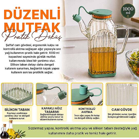Sızdırmaz Borosilikat Cam Yağdanlık - Renkli Silikon Tabanlı Damlatmaz Yağlık Sosluk Sirkelik 1000ml - 2