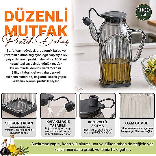 Sızdırmaz Borosilikat Cam Yağdanlık - Renkli Silikon Tabanlı Damlatmaz Yağlık Sosluk Sirkelik 1000ml - 2