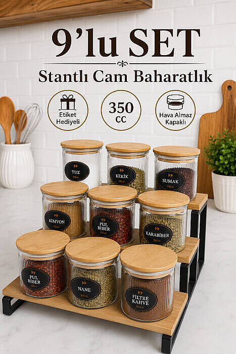 Stantlı Çizgili 9lu Cam Baharatlık Seti - Etiketli Ahşap Kapaklı Organizer Baharat Saklama Kabı Çerezlik 350 ml - 1