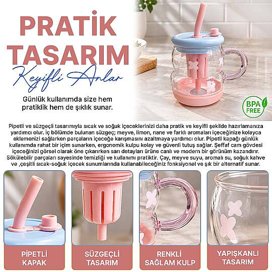 Süzgeçli Borosilikat Cam Kupa Bardak - Tasarım Pipetli Kapaklı Detoks Matarası - 2