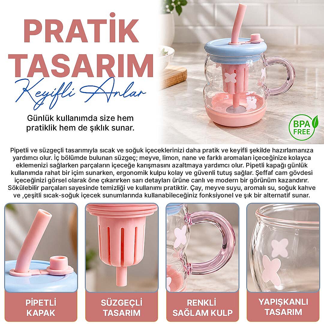 Süzgeçli Borosilikat Cam Kupa Bardak - Tasarım Pipetli Kapaklı Detoks Matarası - 2