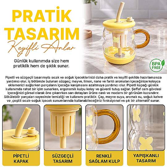 Süzgeçli Borosilikat Cam Kupa Bardak - Tasarım Pipetli Kapaklı Detoks Matarası - 2