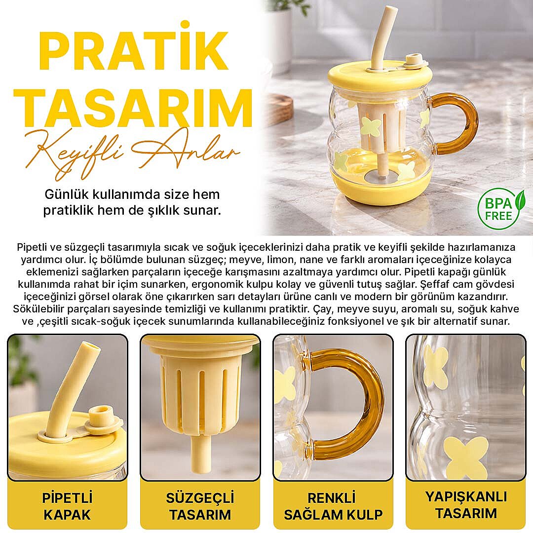 Süzgeçli Borosilikat Cam Kupa Bardak - Tasarım Pipetli Kapaklı Detoks Matarası - 2