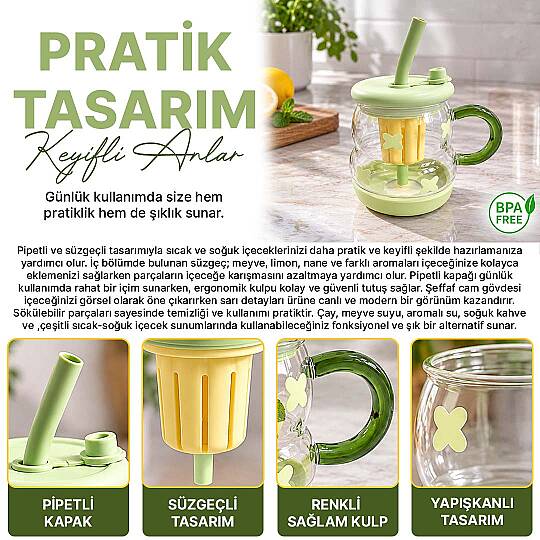 Süzgeçli Borosilikat Cam Kupa Bardak - Tasarım Pipetli Kapaklı Detoks Matarası - 2